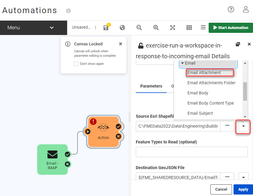 Selecting Email Attachment as the Source Esri Shapefile